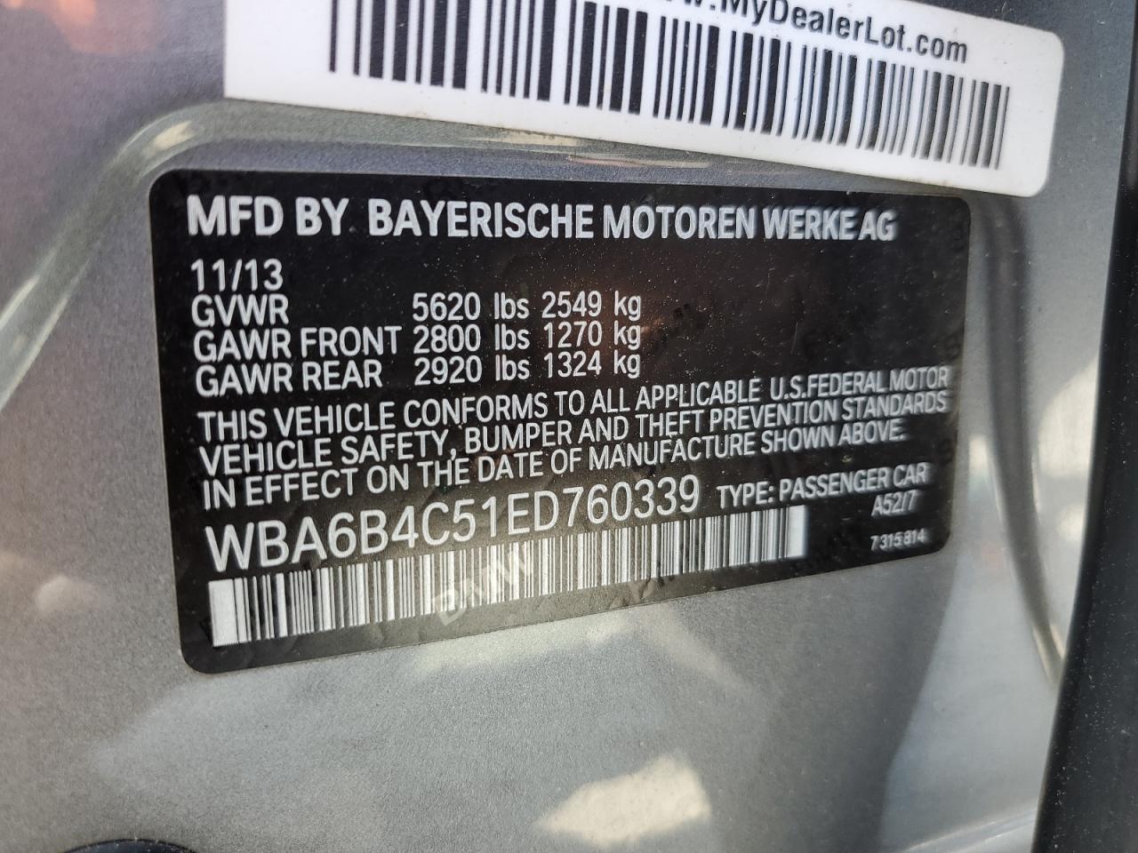 WBA6B4C51ED760339 2014 BMW 650 Xi Gran Coupe