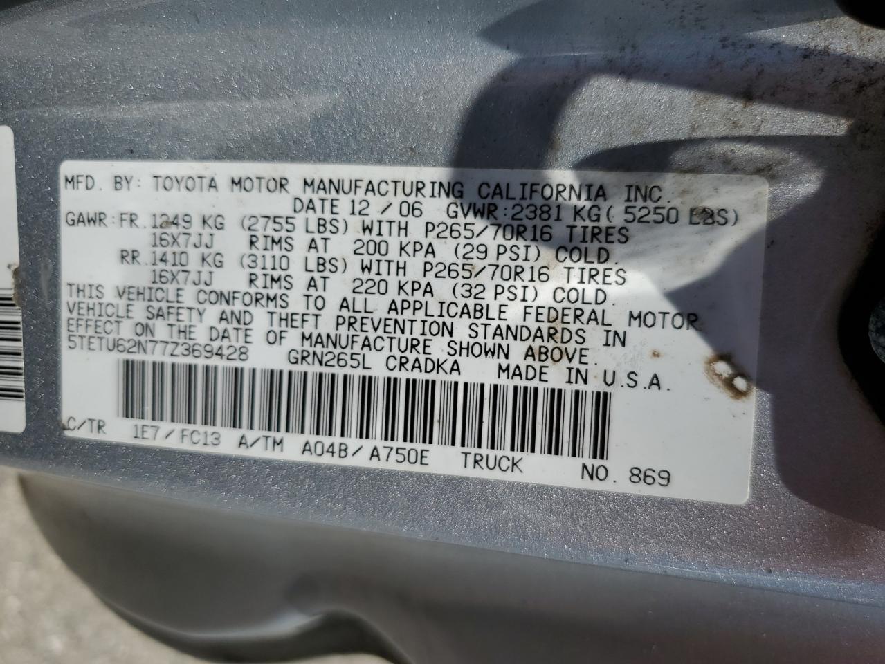 5TETU62N77Z369428 2007 Toyota Tacoma Prerunner Access Cab