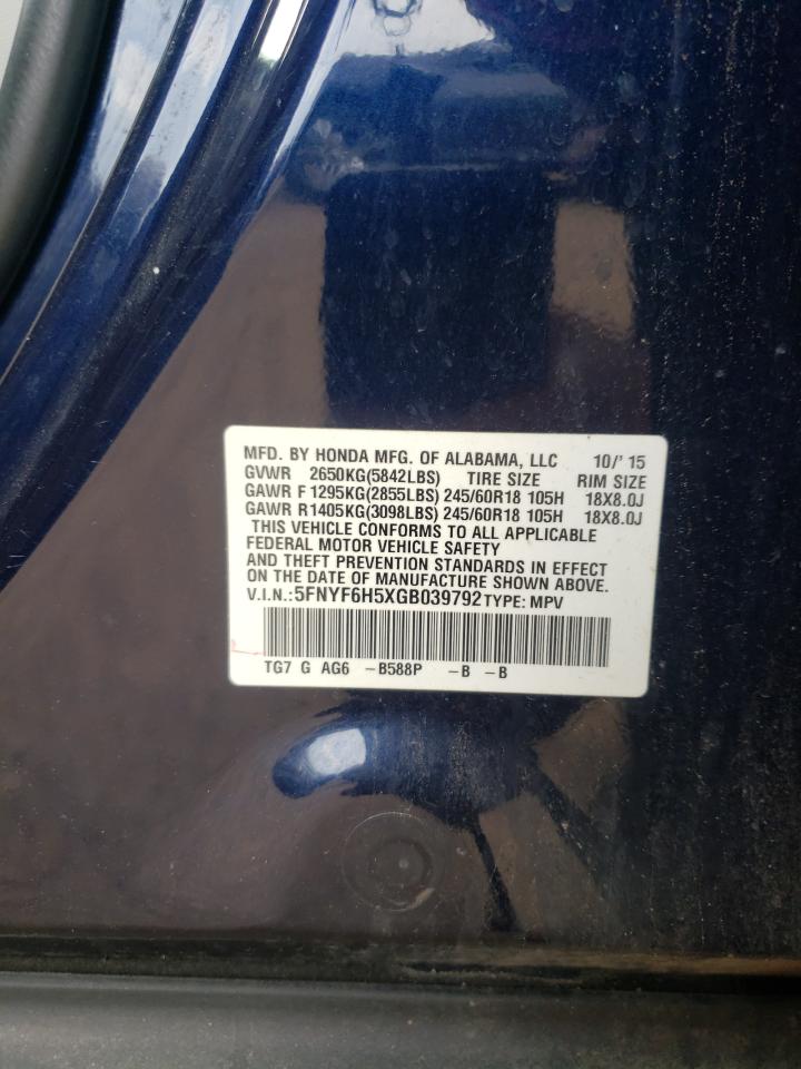 5FNYF6H5XGB039792 2016 Honda Pilot Exl