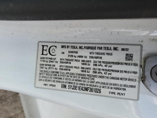 2020 TESLA 3 5YJ3E1EA3NF361026
