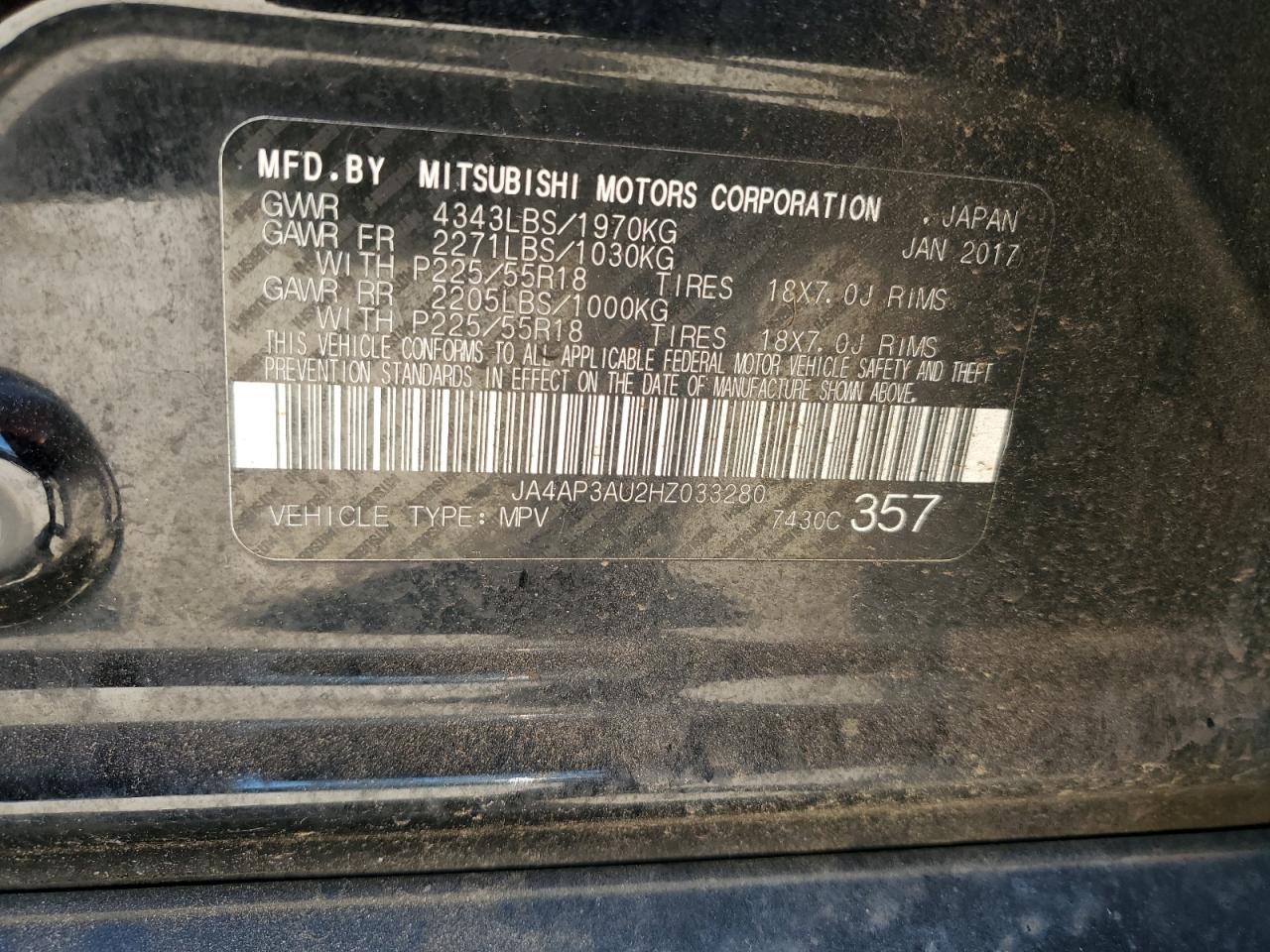 JA4AP3AU2HZ033280 2017 Mitsubishi Outlander Sport Es
