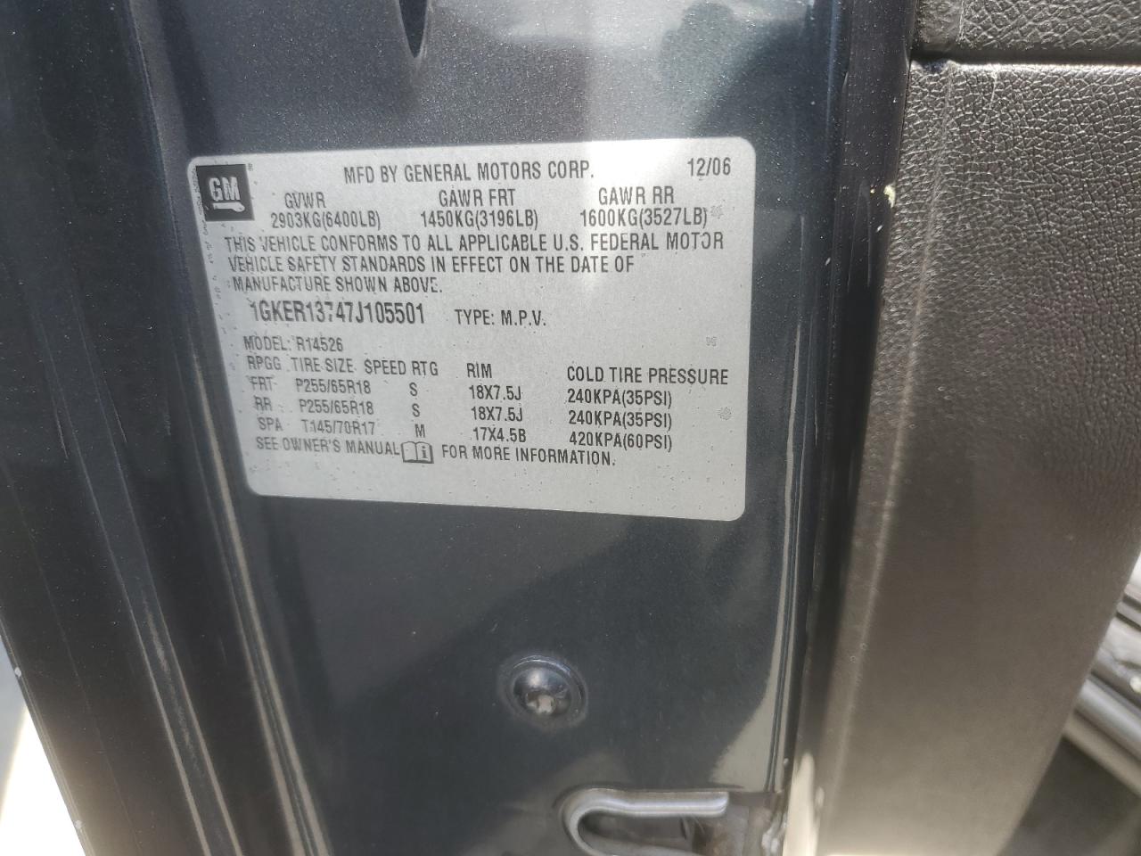 1GKER13747J105501 2007 GMC Acadia Sle