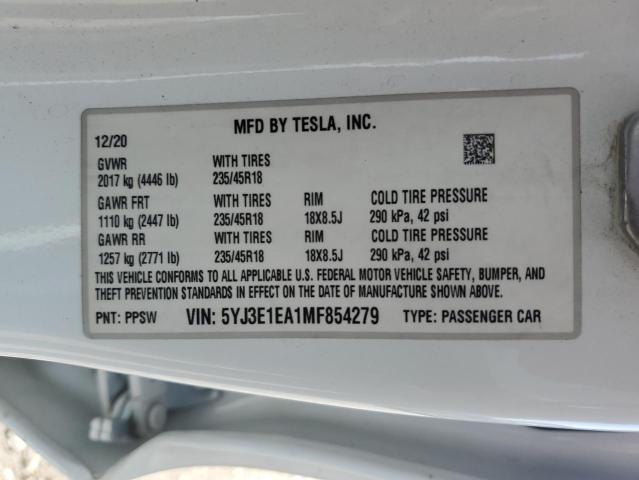 2021 Tesla Model 3 VIN: 5YJ3E1EA1MF854279 Lot: 58523664