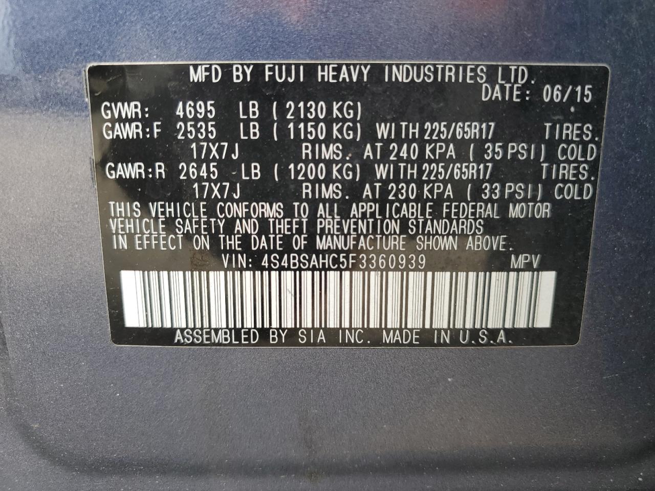 4S4BSAHC5F3360939 2015 Subaru Outback 2.5I Premium