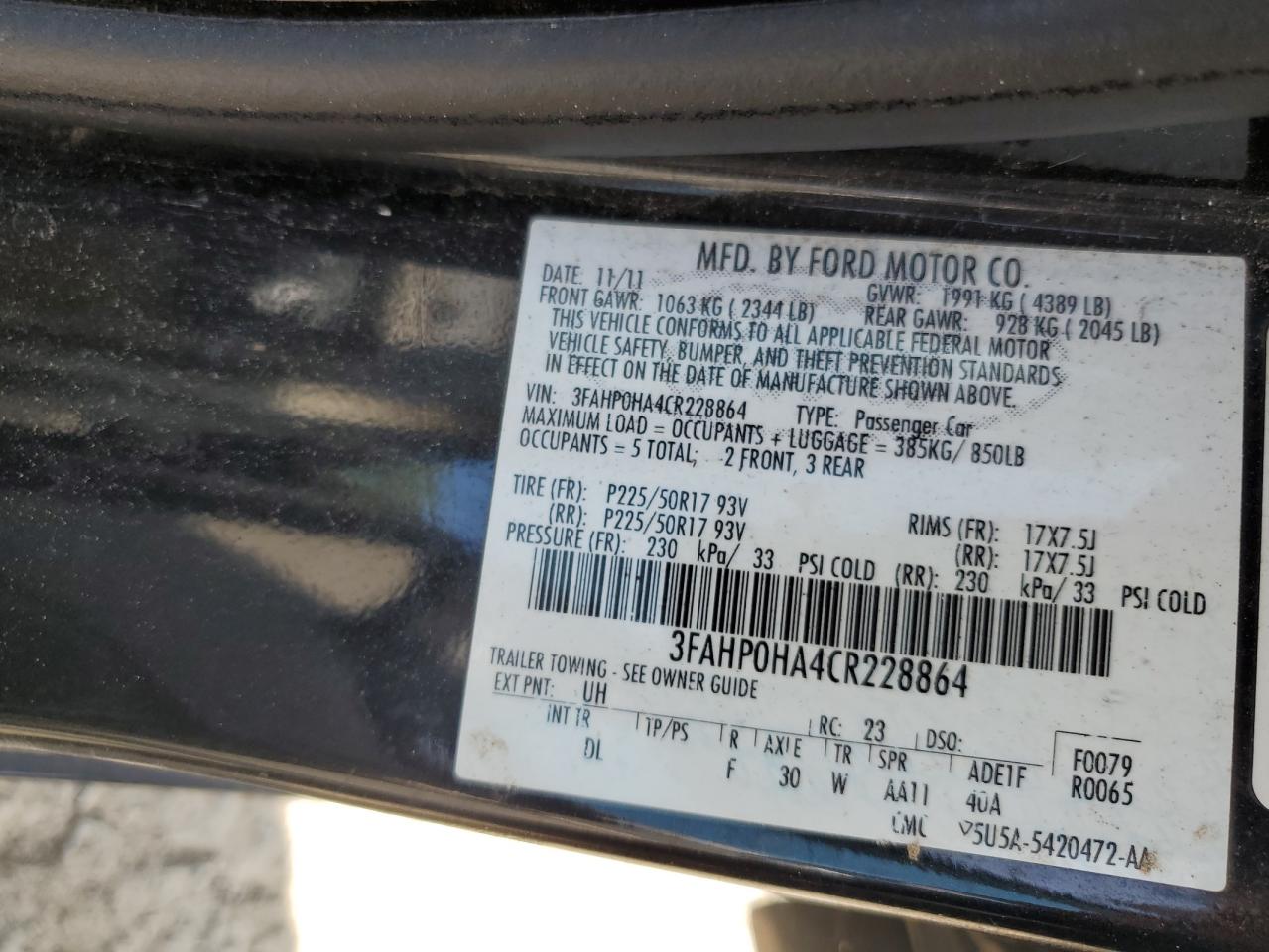 3FAHP0HA4CR228864 2012 Ford Fusion Se