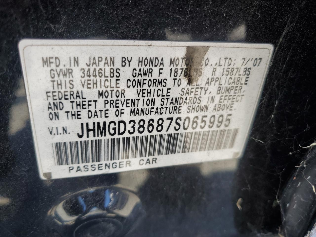 JHMGD38687S065995 2007 Honda Fit S