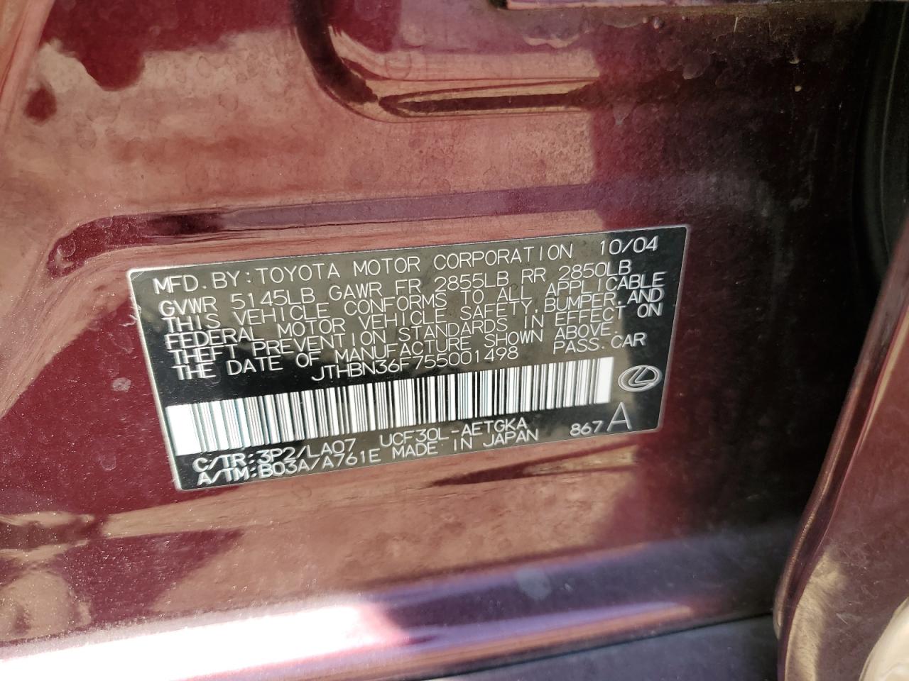 JTHBN36F755001498 2005 Lexus Ls 430