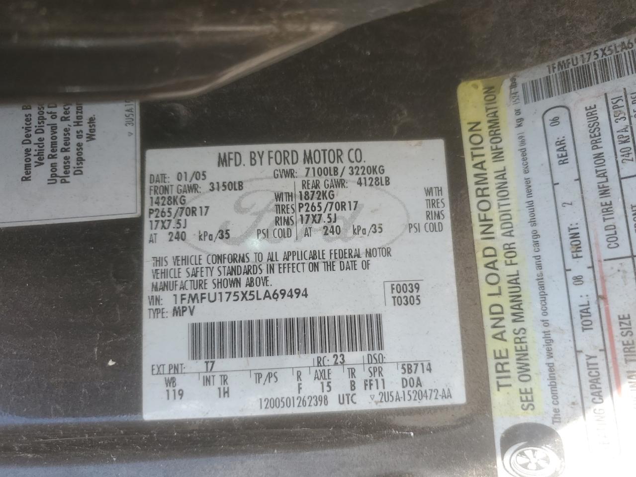 1FMFU175X5LA69494 2005 Ford Expedition Eddie Bauer