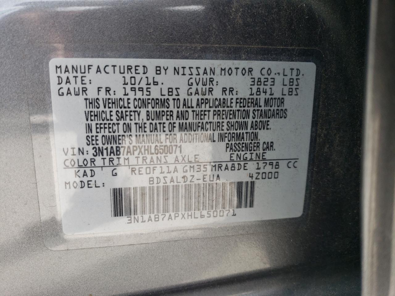 3N1AB7APXHL650071 2017 Nissan Sentra S