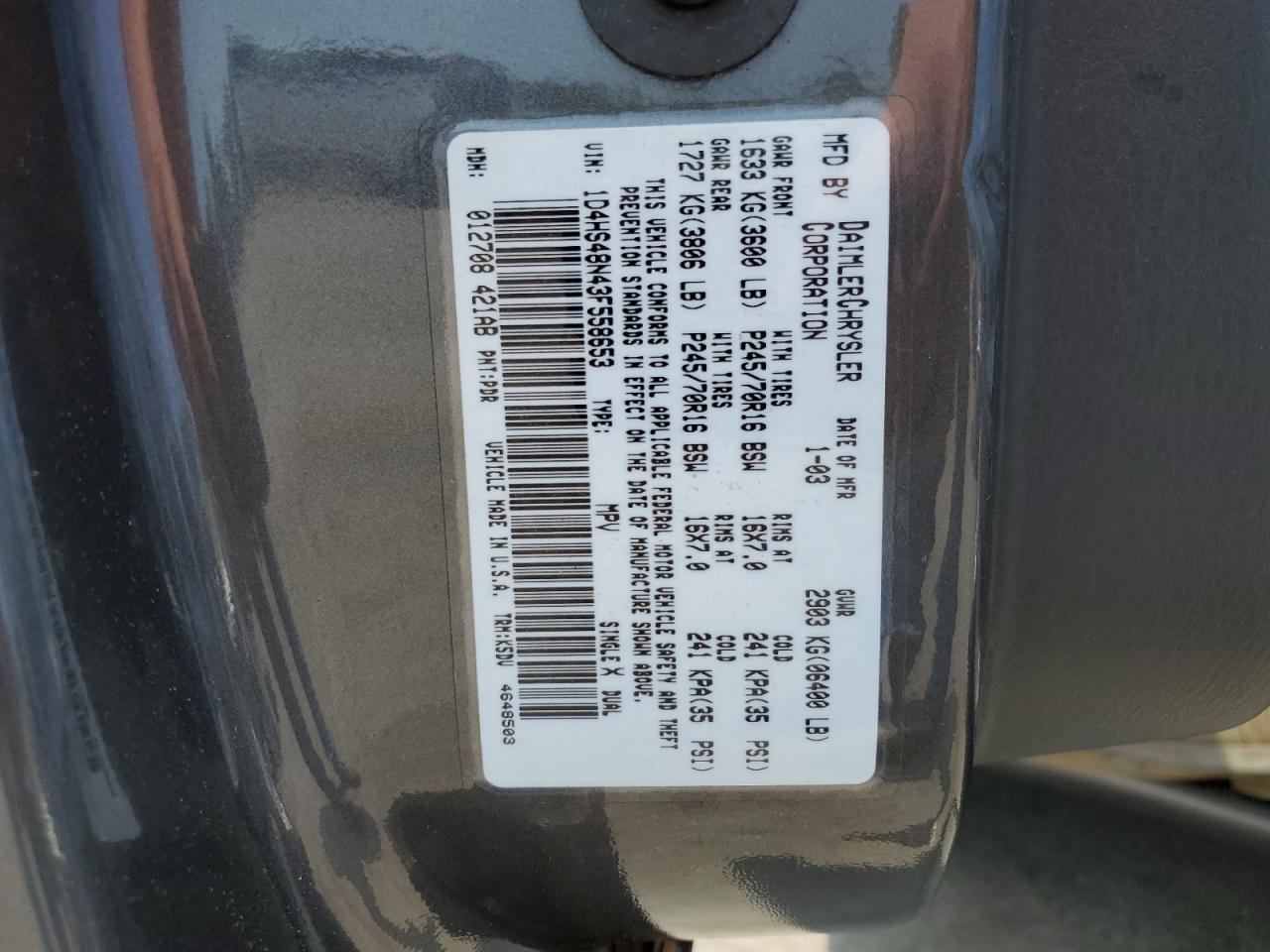 1D4HS48N43F558653 2003 Dodge Durango Slt