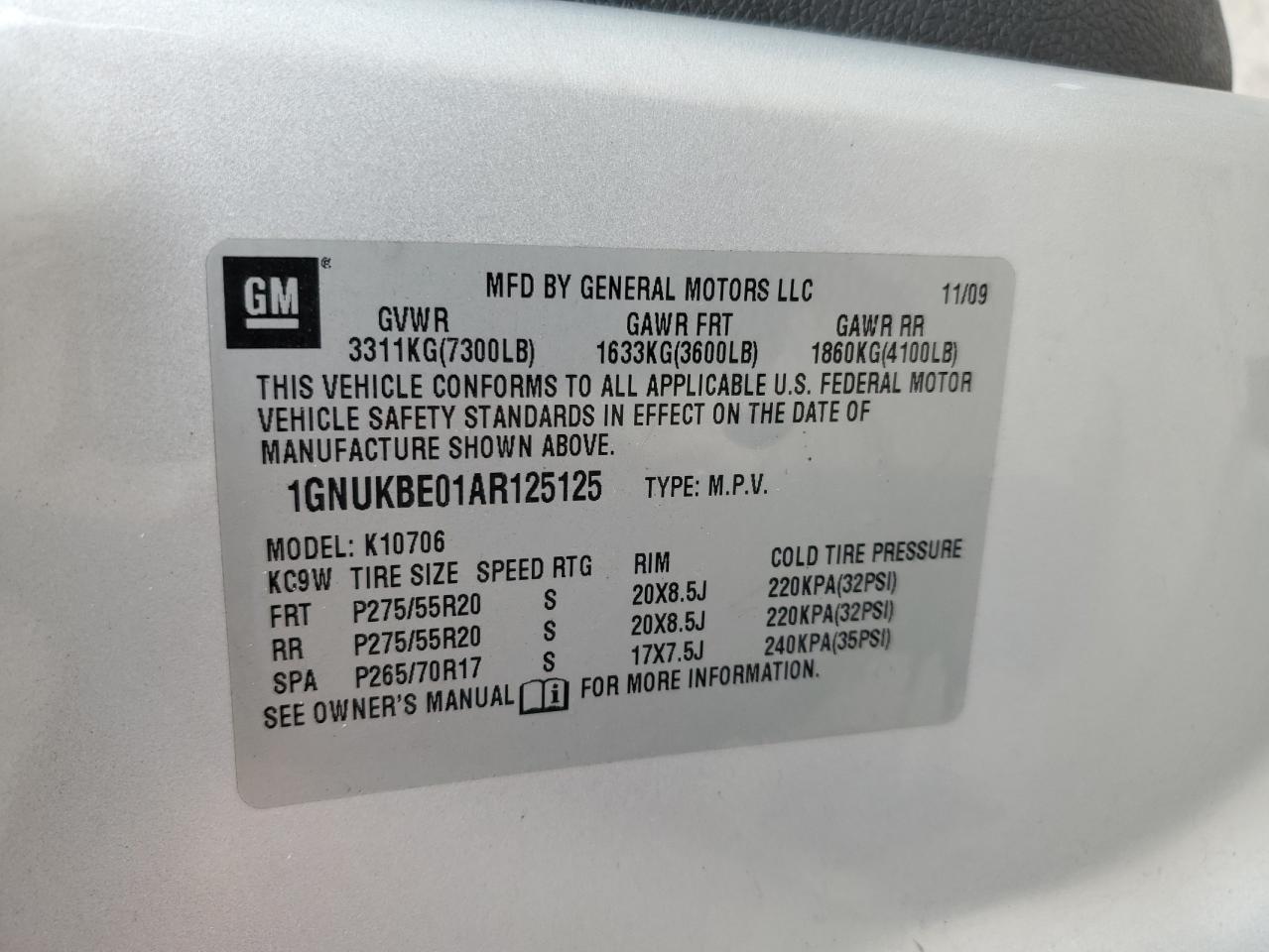 1GNUKBE01AR125125 2010 Chevrolet Tahoe K1500 Lt