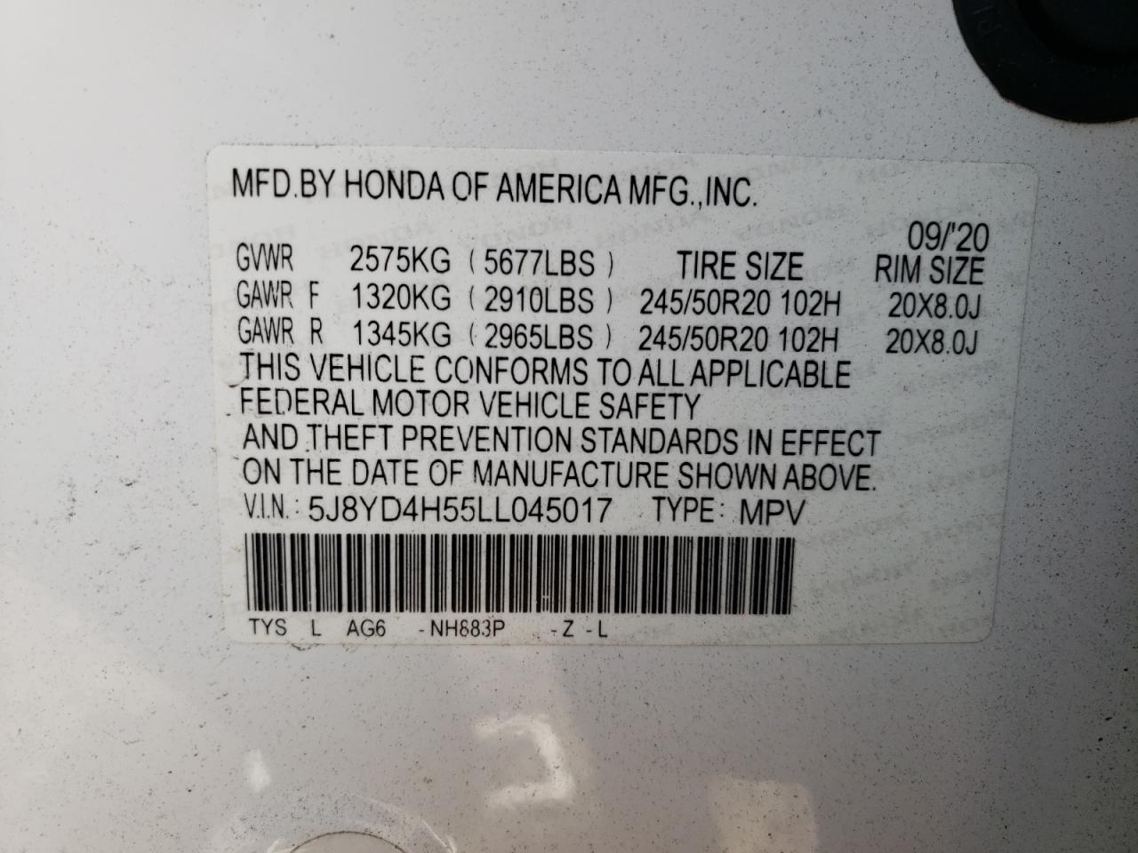 5J8YD4H55LL045017 2020 Acura Mdx Technology