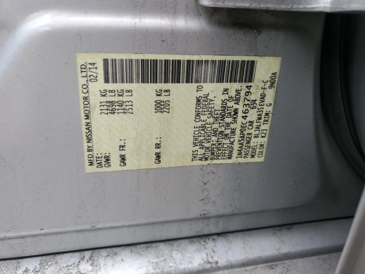 1N4AA5AP0EC463794 2014 Nissan Maxima S