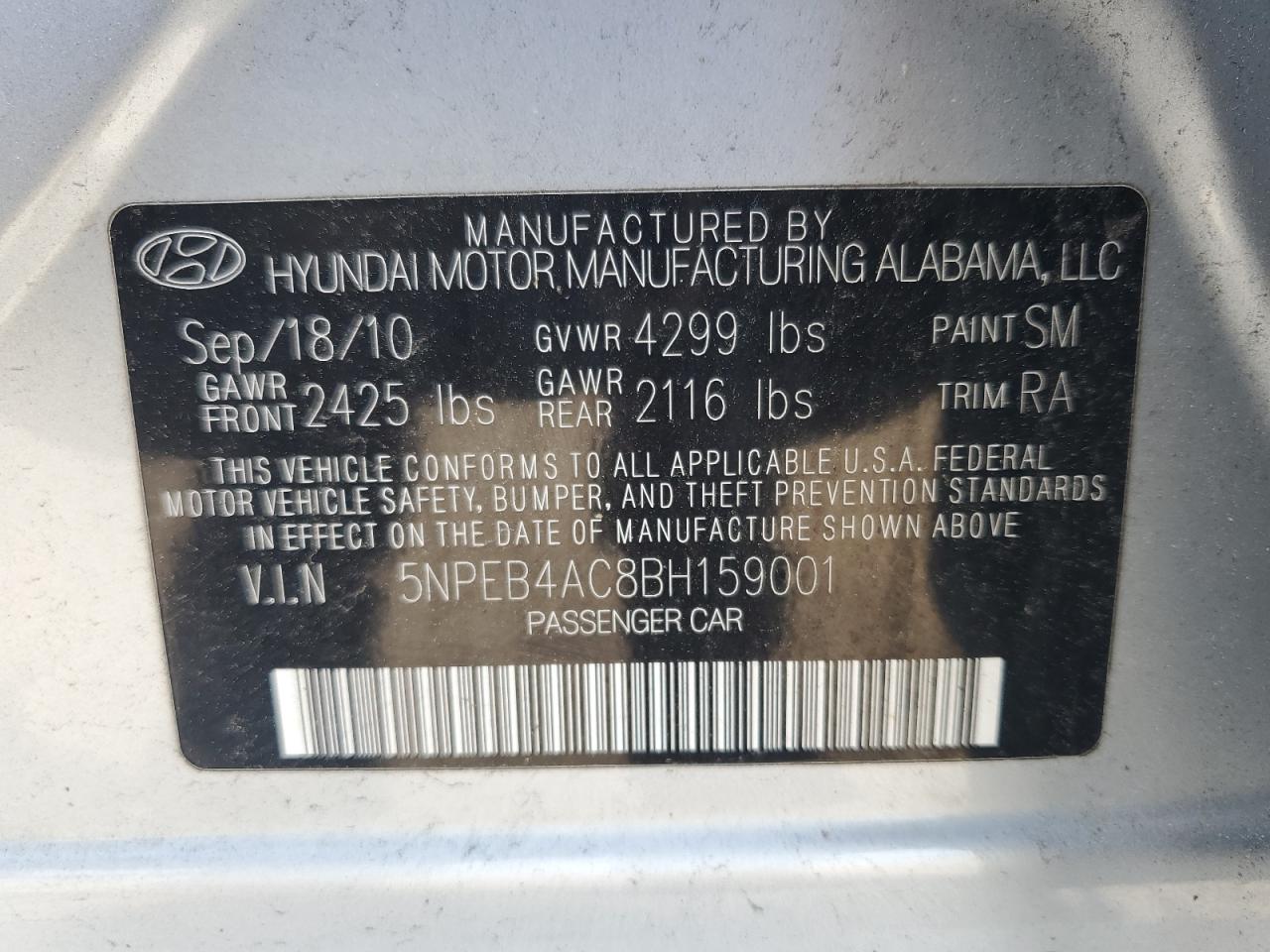 5NPEB4AC8BH159001 2011 Hyundai Sonata Gls