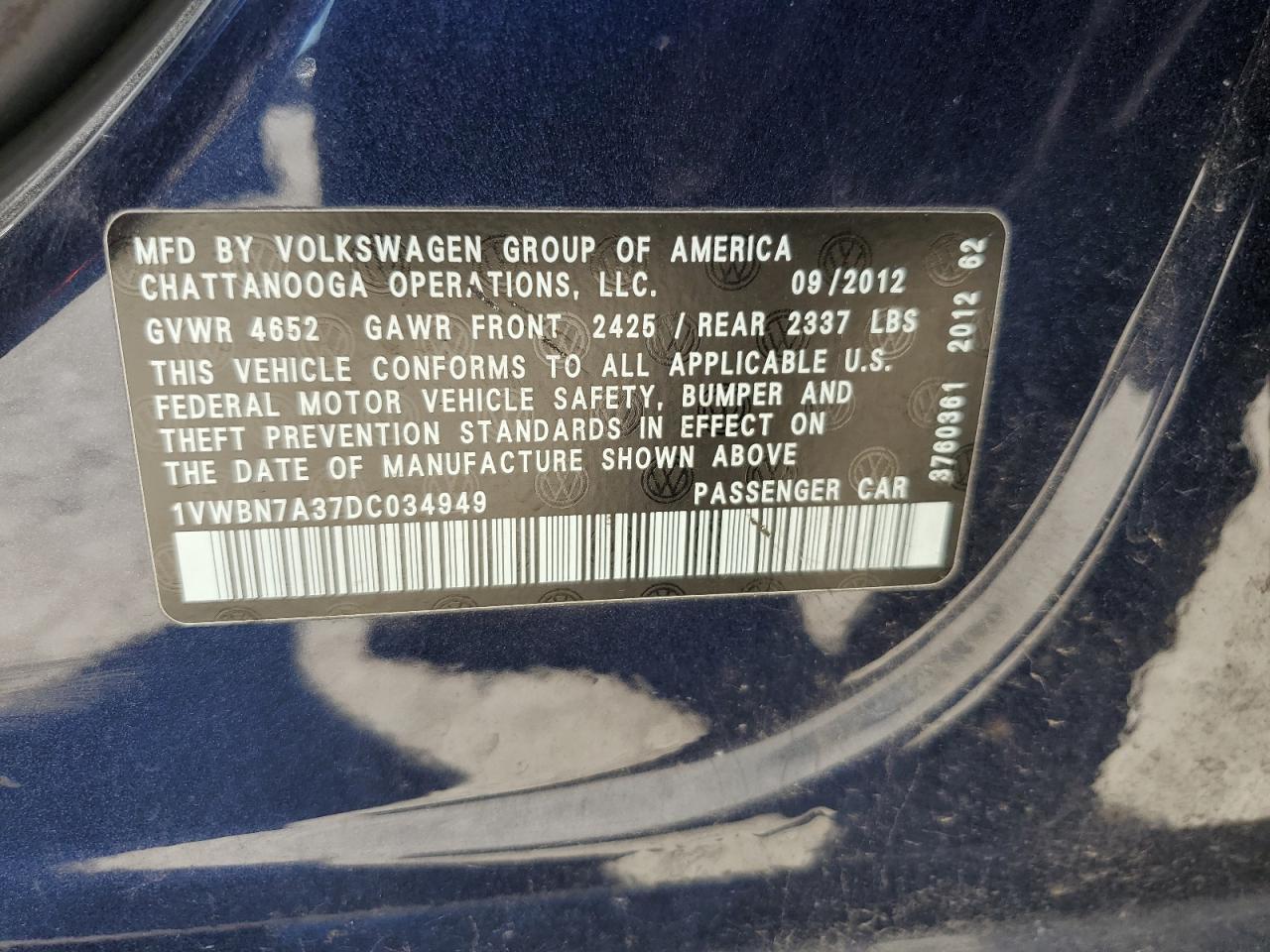 1VWBN7A37DC034949 2013 Volkswagen Passat Se