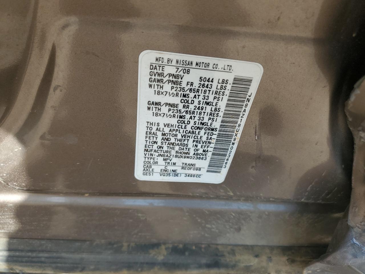 JN8AZ18UX9W023663 2009 Nissan Murano S