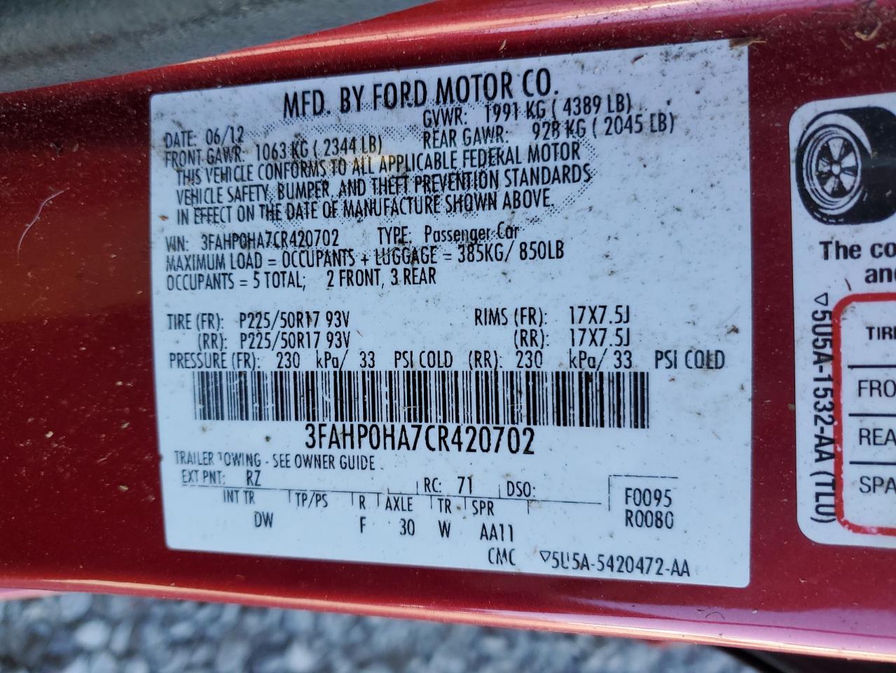 3FAHP0HA7CR420702 2012 Ford Fusion Se