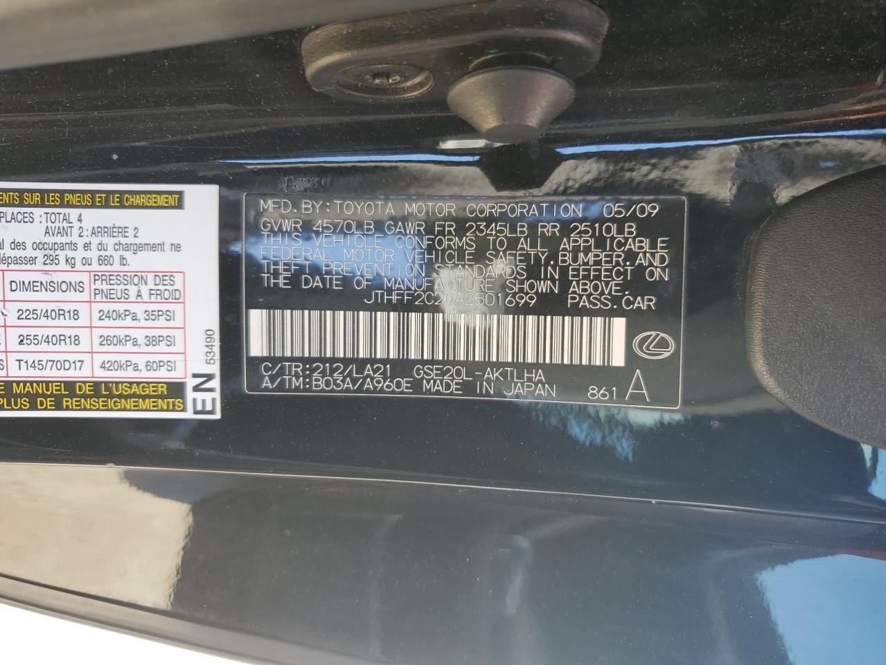 JTHFF2C20A2501699 2010 Lexus Is 250