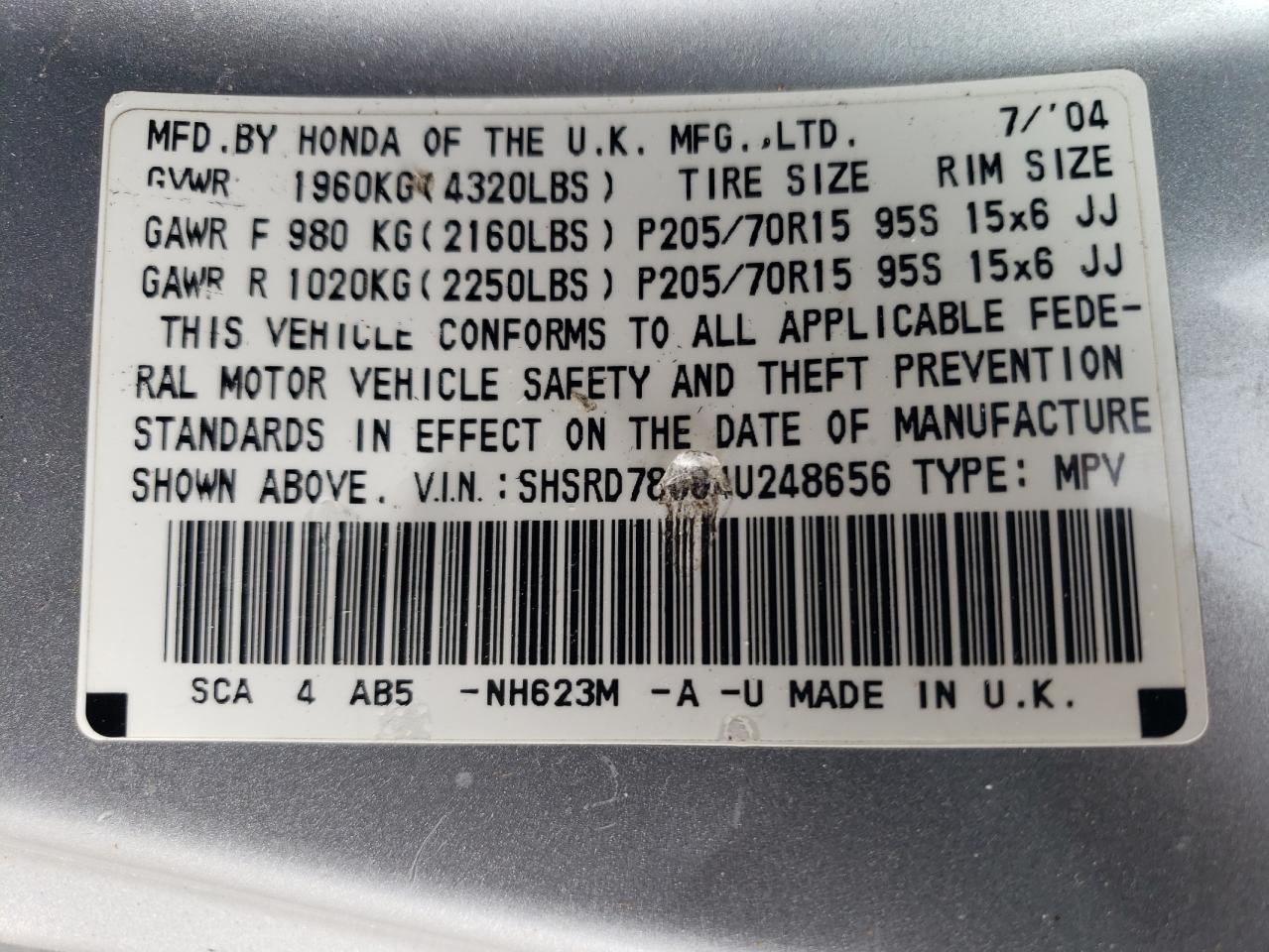 SHSRD78884U248656 2004 Honda Cr-V Ex