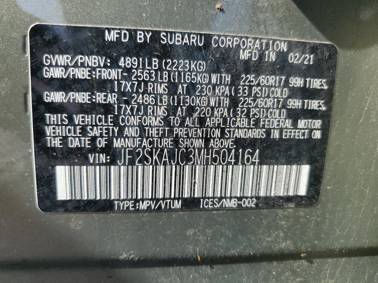 JF2SKAJC3MH504164 2021 Subaru Forester Premium