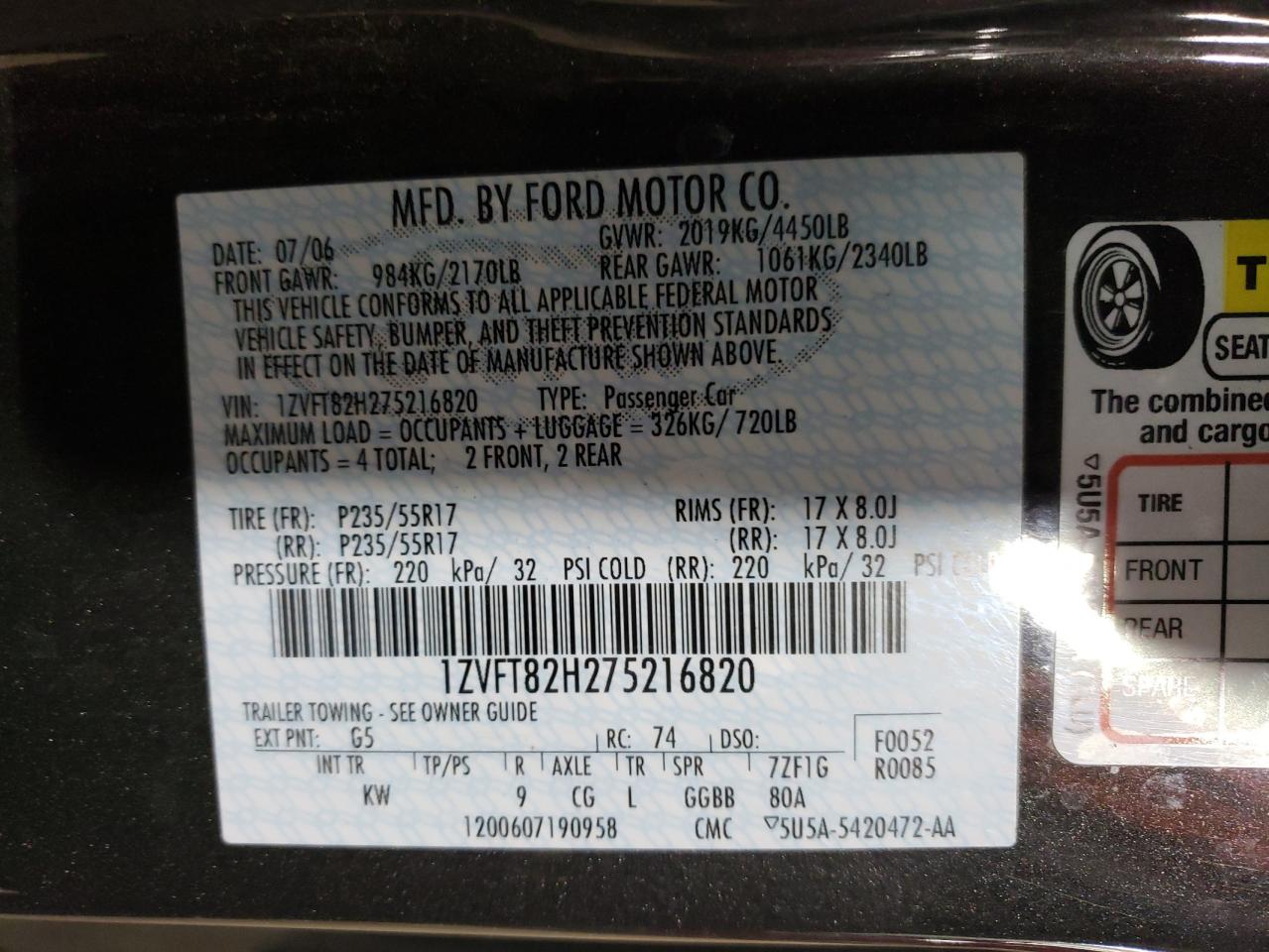 1ZVFT82H275216820 2007 Ford Mustang Gt