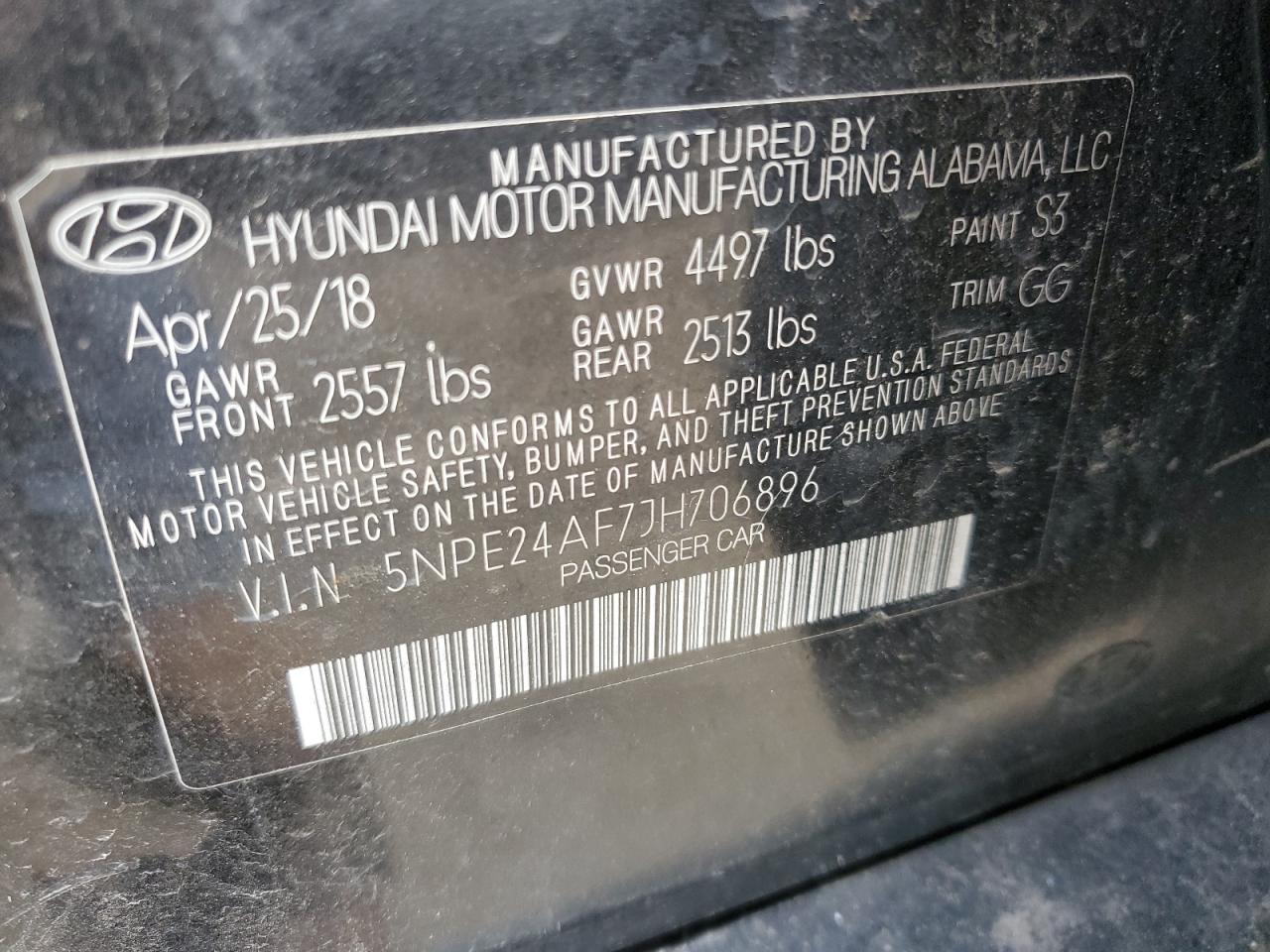 2018 Hyundai Sonata Se vin: 5NPE24AF7JH706896