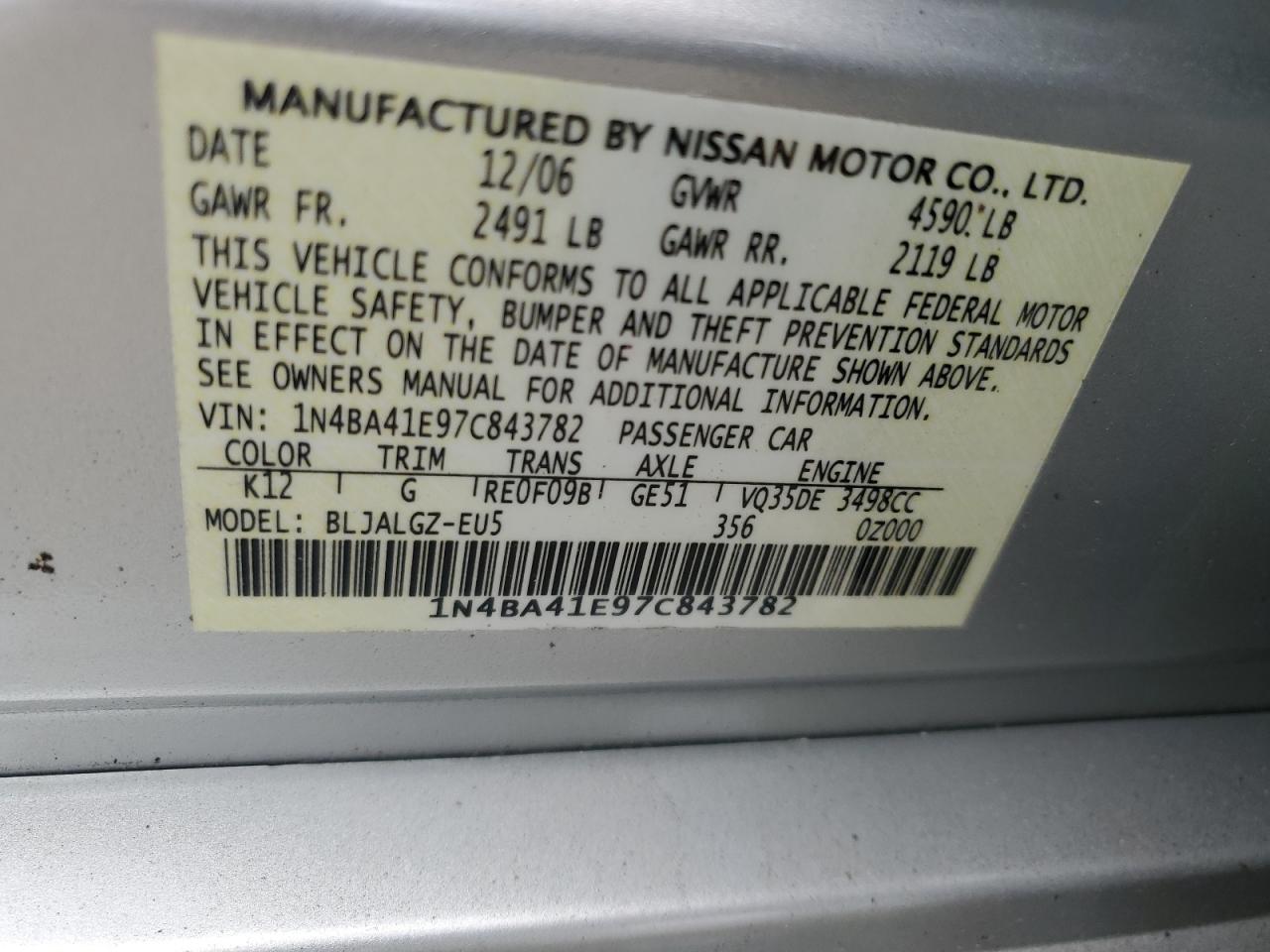 1N4BA41E97C843782 2007 Nissan Maxima Se