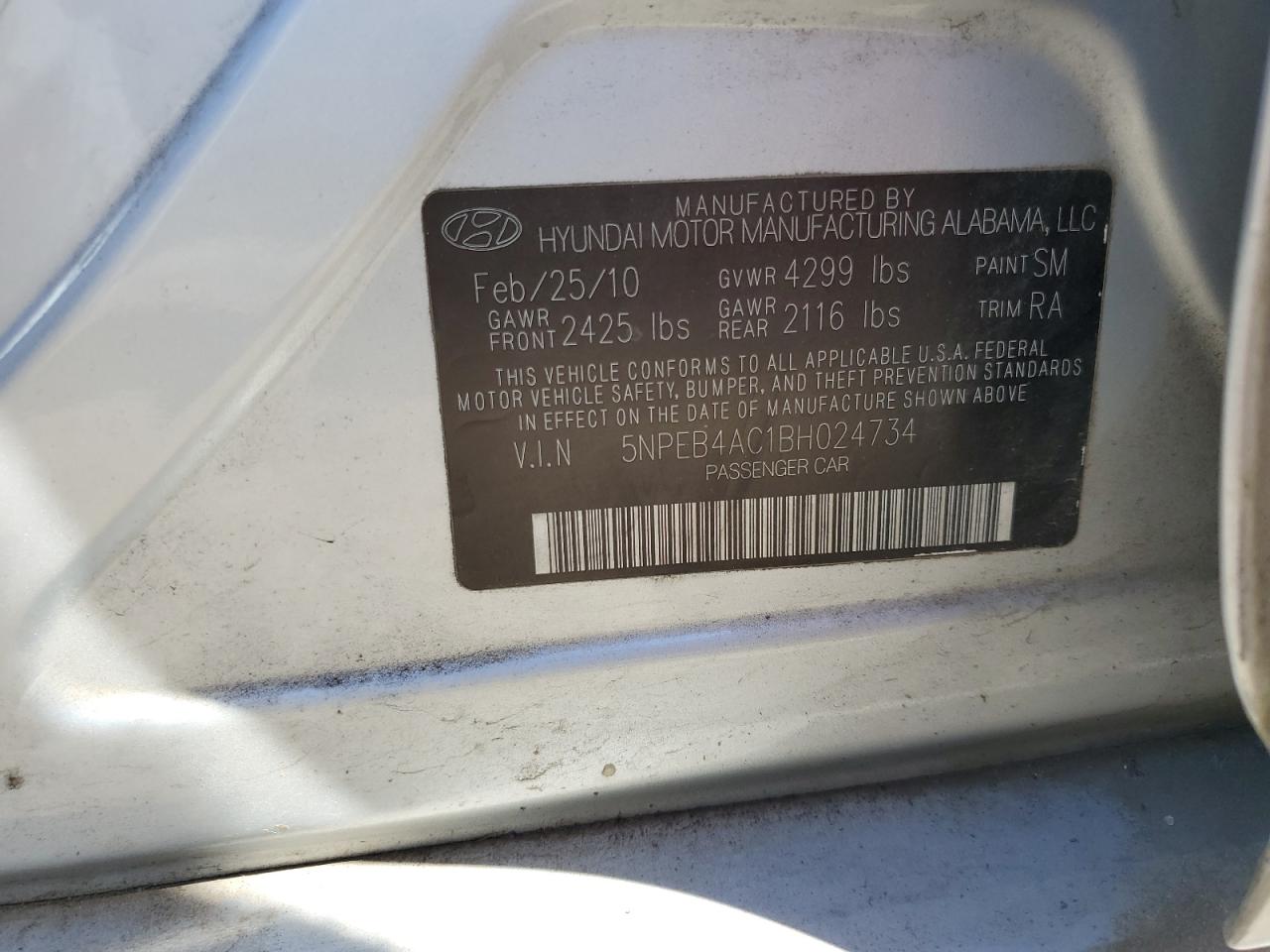 5NPEB4AC1BH024734 2011 Hyundai Sonata Gls