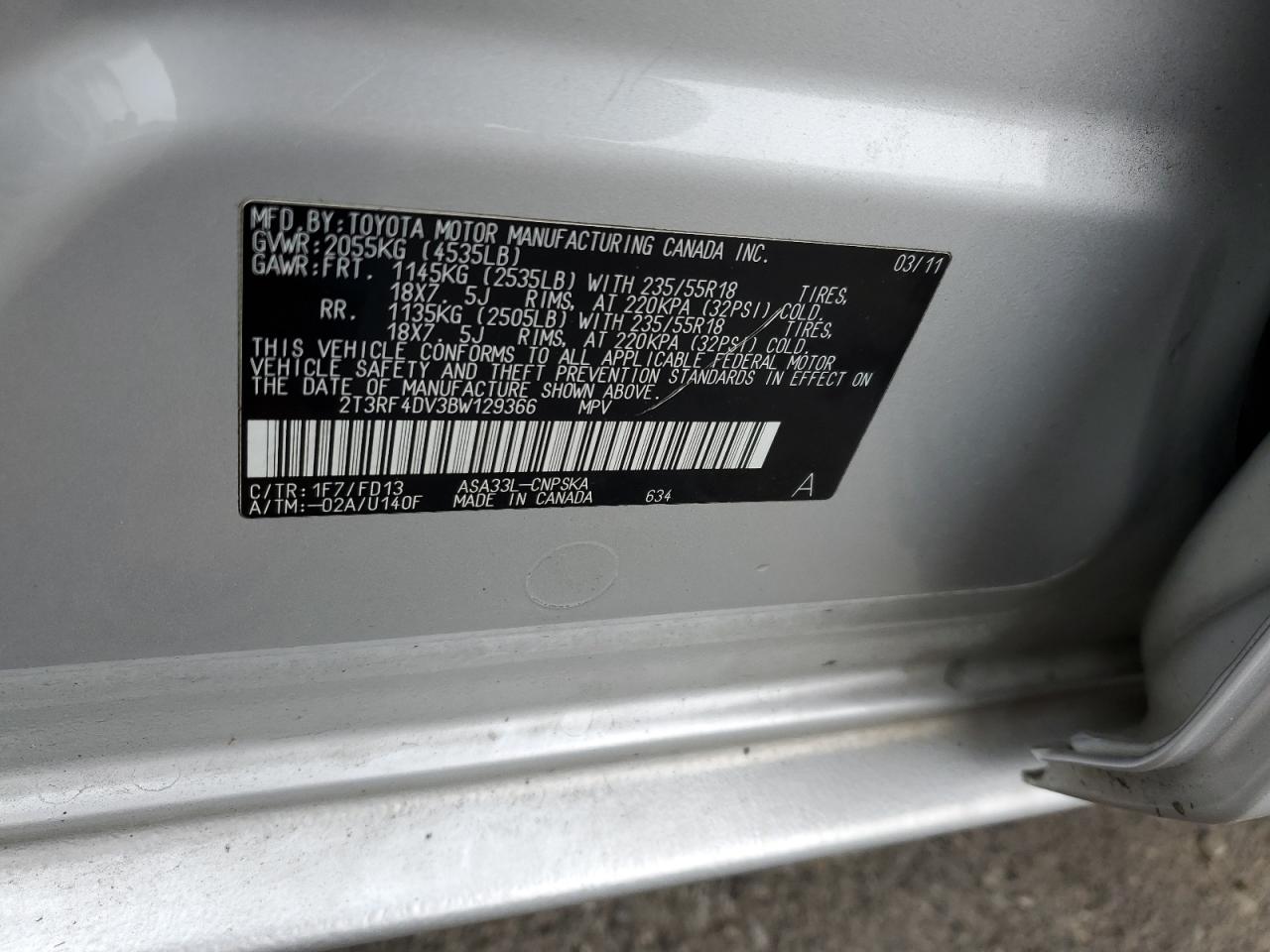 2T3RF4DV3BW129366 2011 Toyota Rav4 Sport