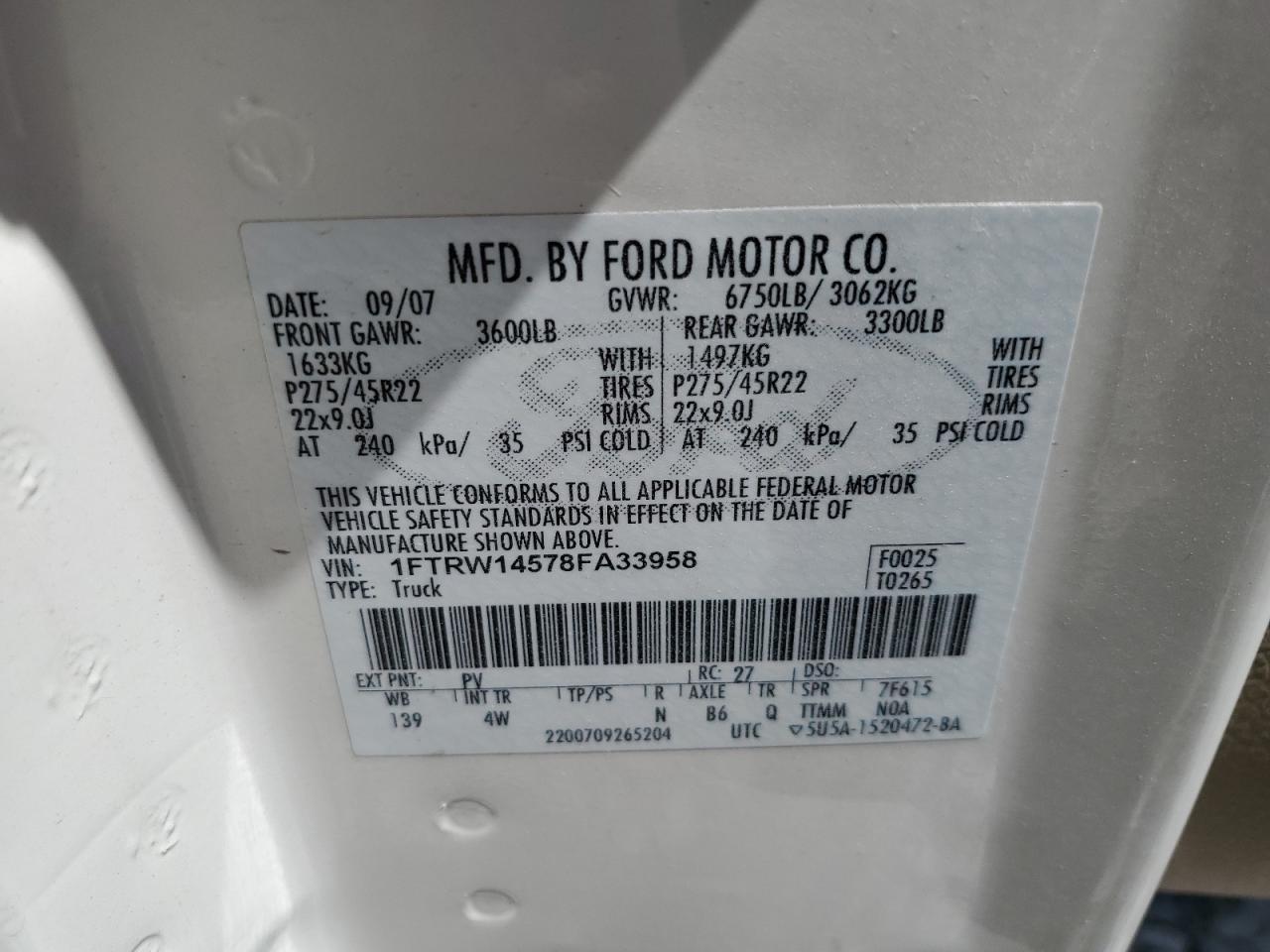 1FTRW14578FA33958 2008 Ford F150 Supercrew