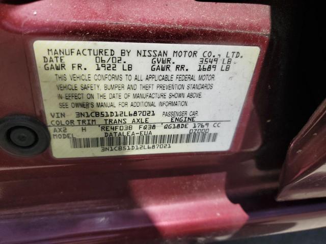 2002 Nissan Sentra Xe VIN: 3N1CB51D12L687021 Lot: 60205694