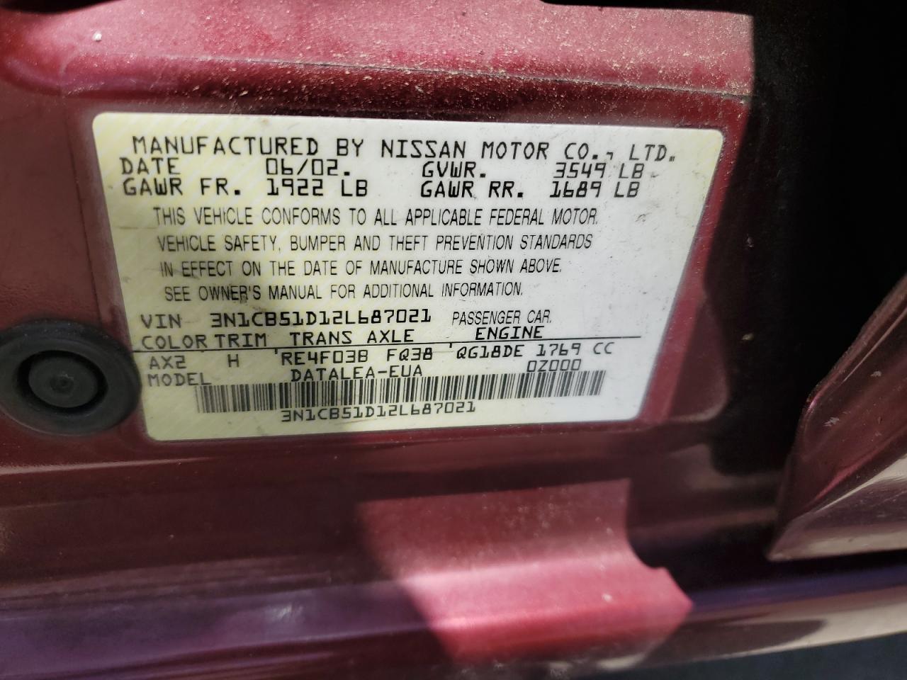 3N1CB51D12L687021 2002 Nissan Sentra Xe