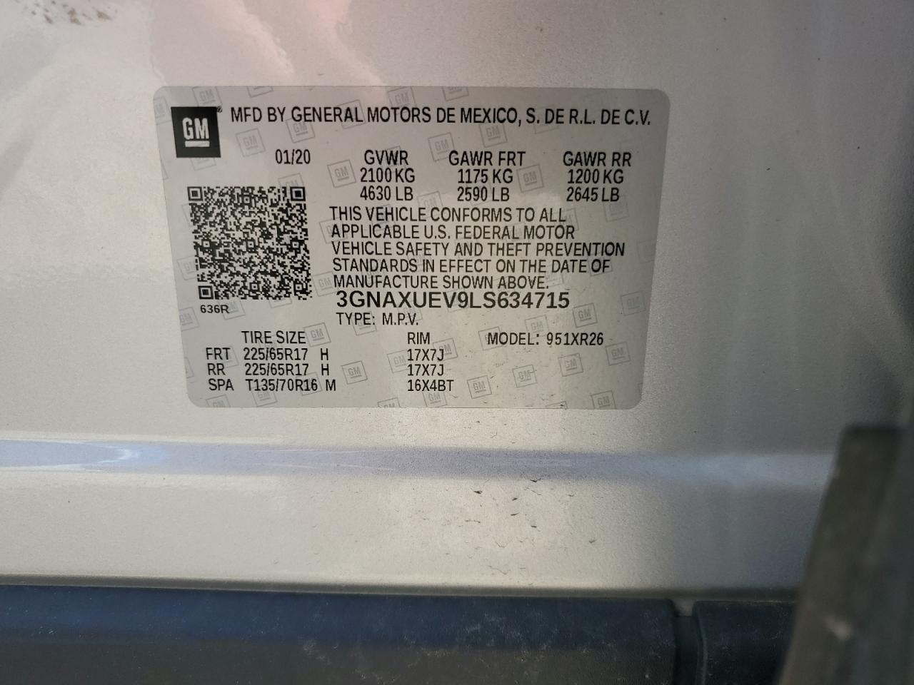 3GNAXUEV9LS634715 2020 Chevrolet Equinox Lt