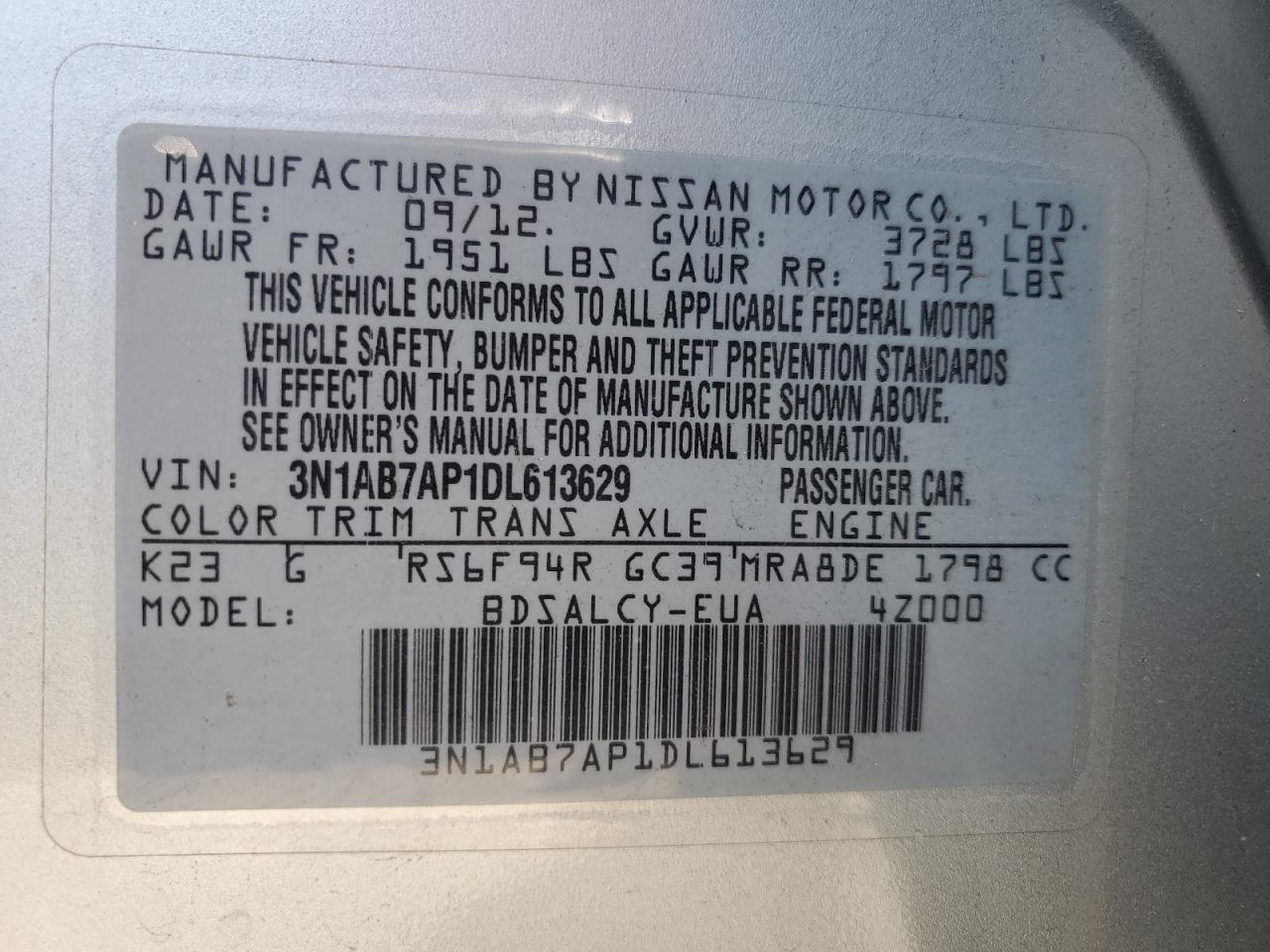 3N1AB7AP1DL613629 2013 Nissan Sentra S