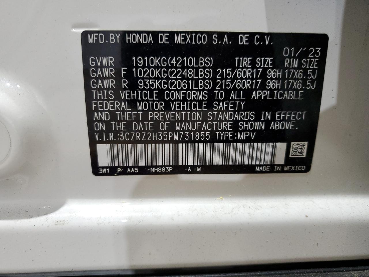 3CZRZ2H35PM731855 2023 Honda Hr-V Lx