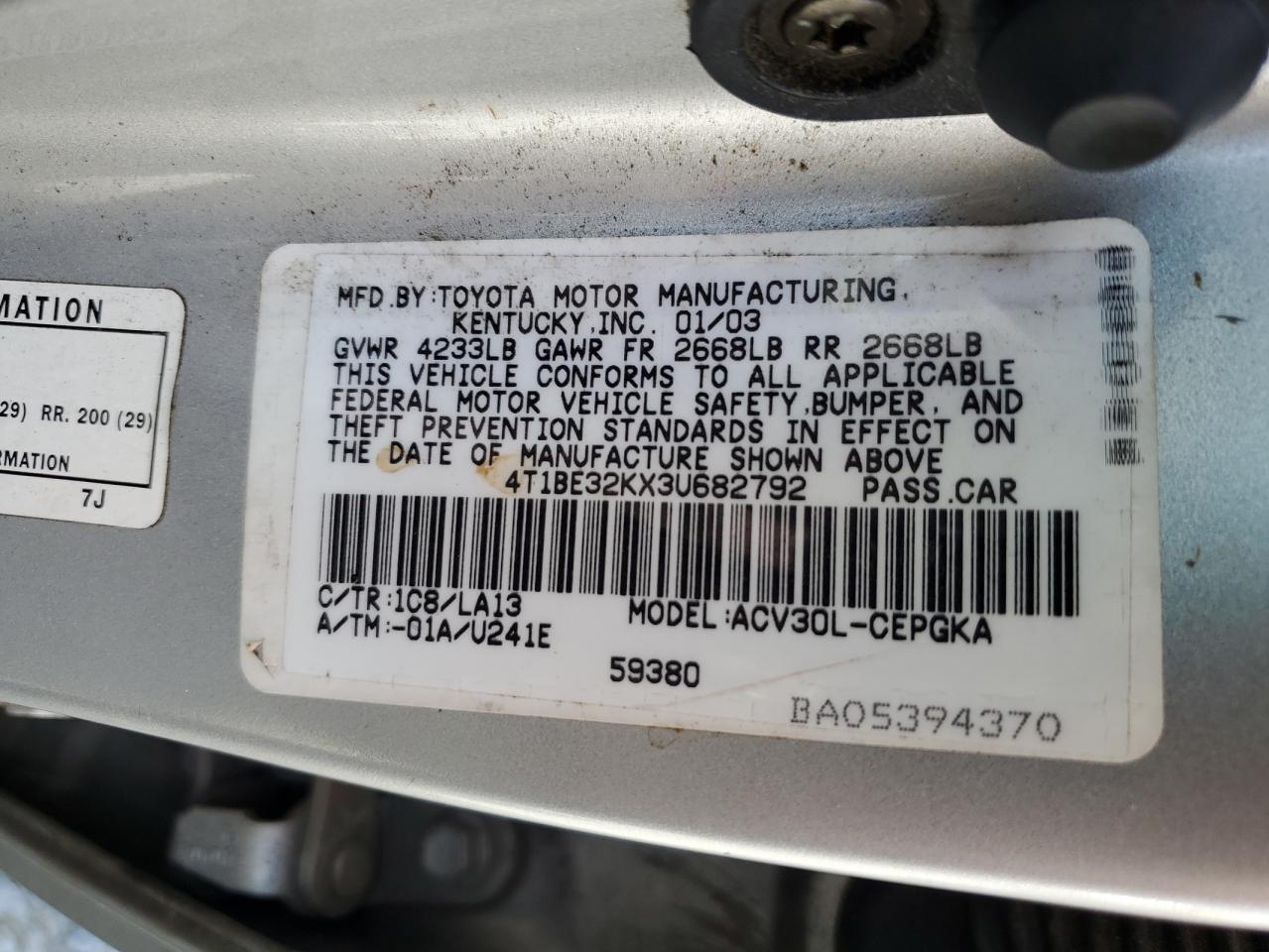 4T1BE32KX3U682792 2003 Toyota Camry Le