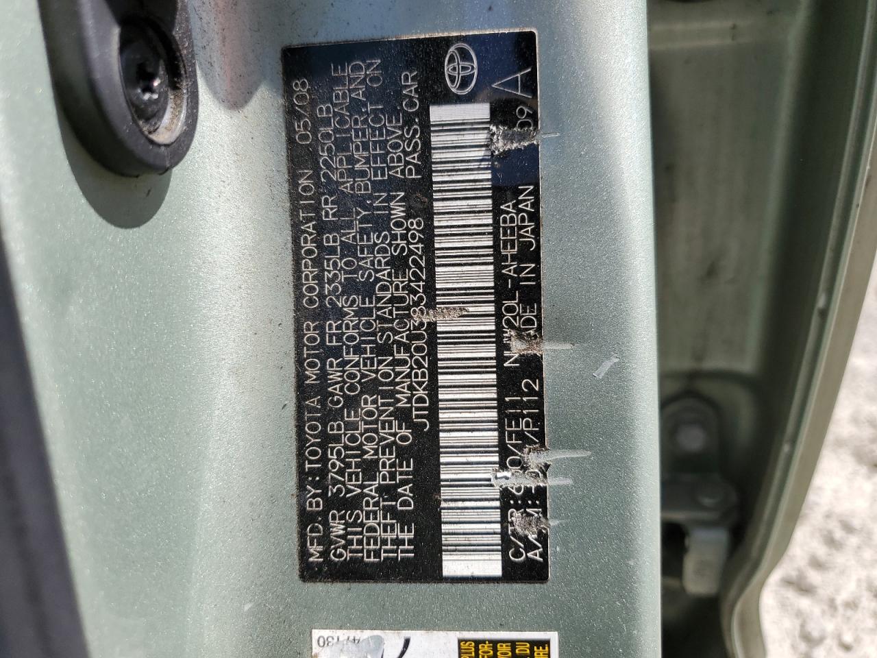 JTDKB20U383422498 2008 Toyota Prius