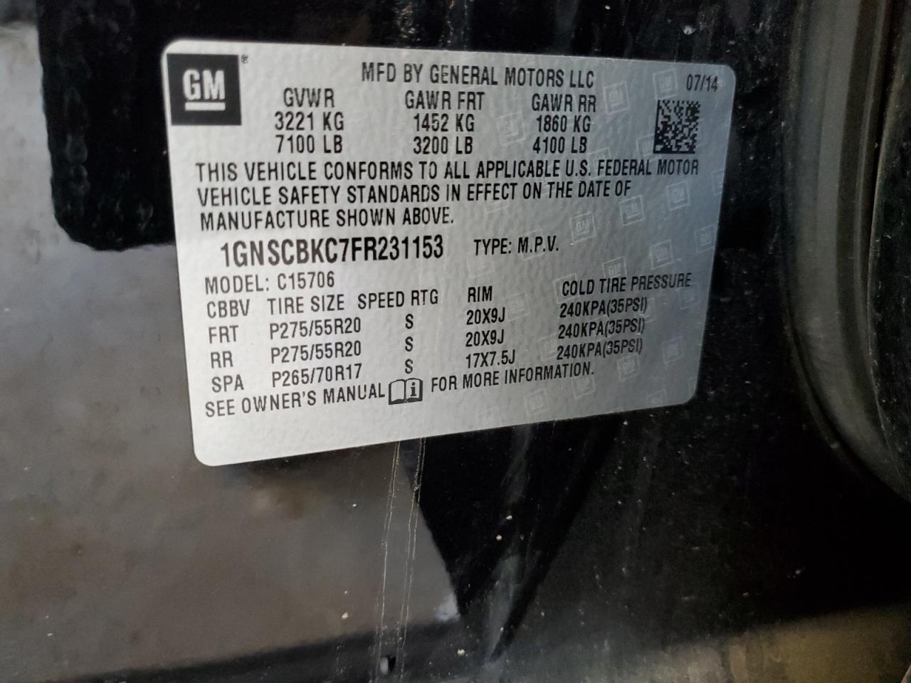 1GNSCBKC7FR231153 2015 Chevrolet Tahoe C1500 Lt