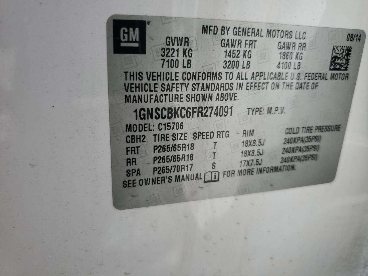 1GNSCBKC6FR274091 2015 Chevrolet Tahoe C1500 Lt