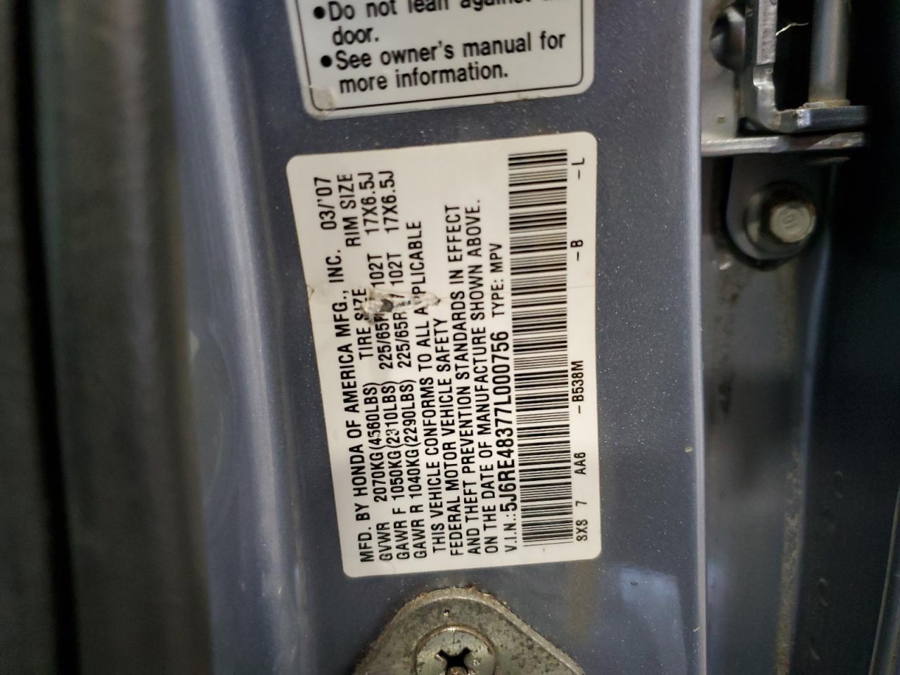 5J6RE48377L000756 2007 Honda Cr-V Lx