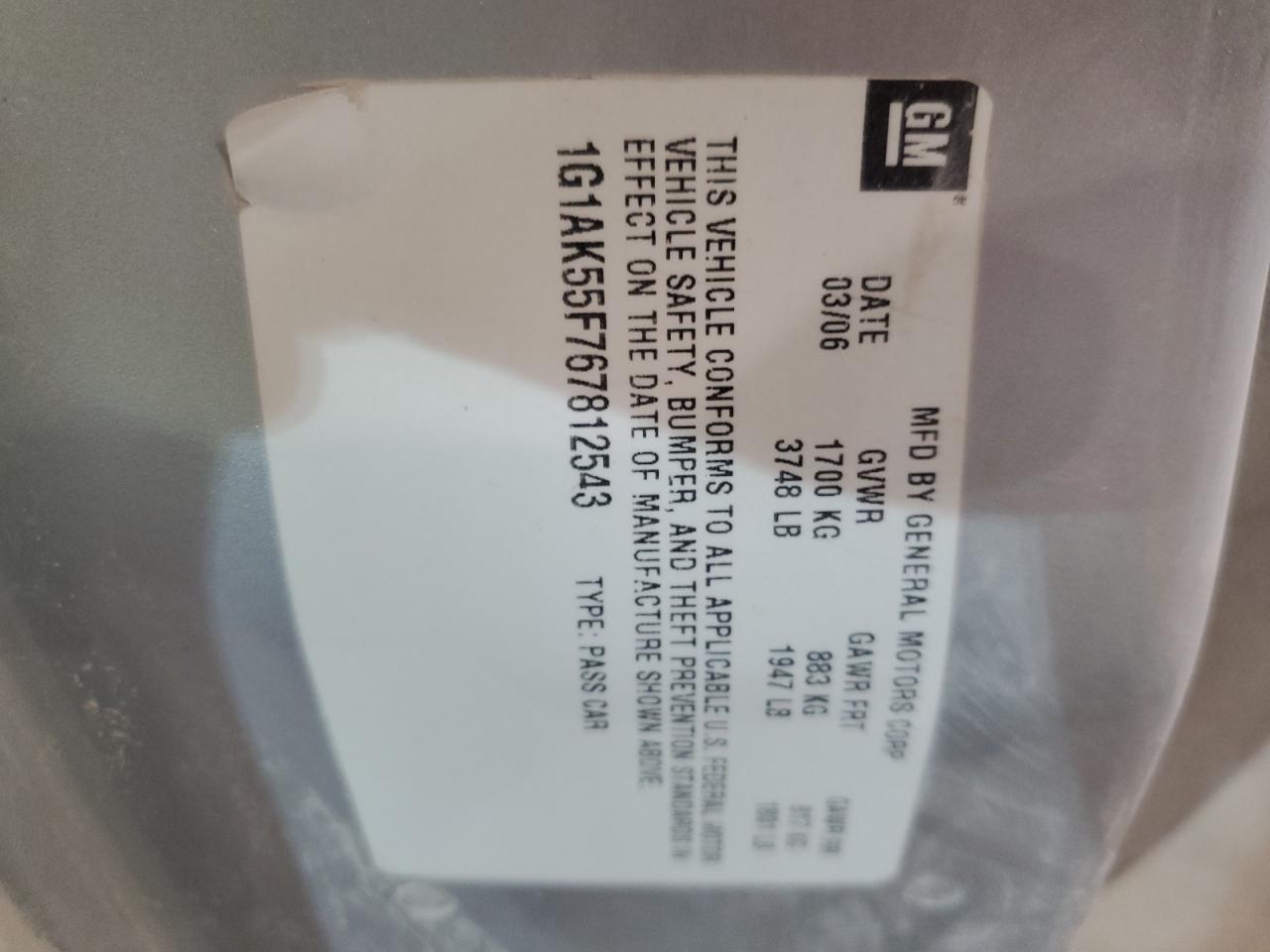 1G1AK55F767812543 2006 Chevrolet Cobalt Ls