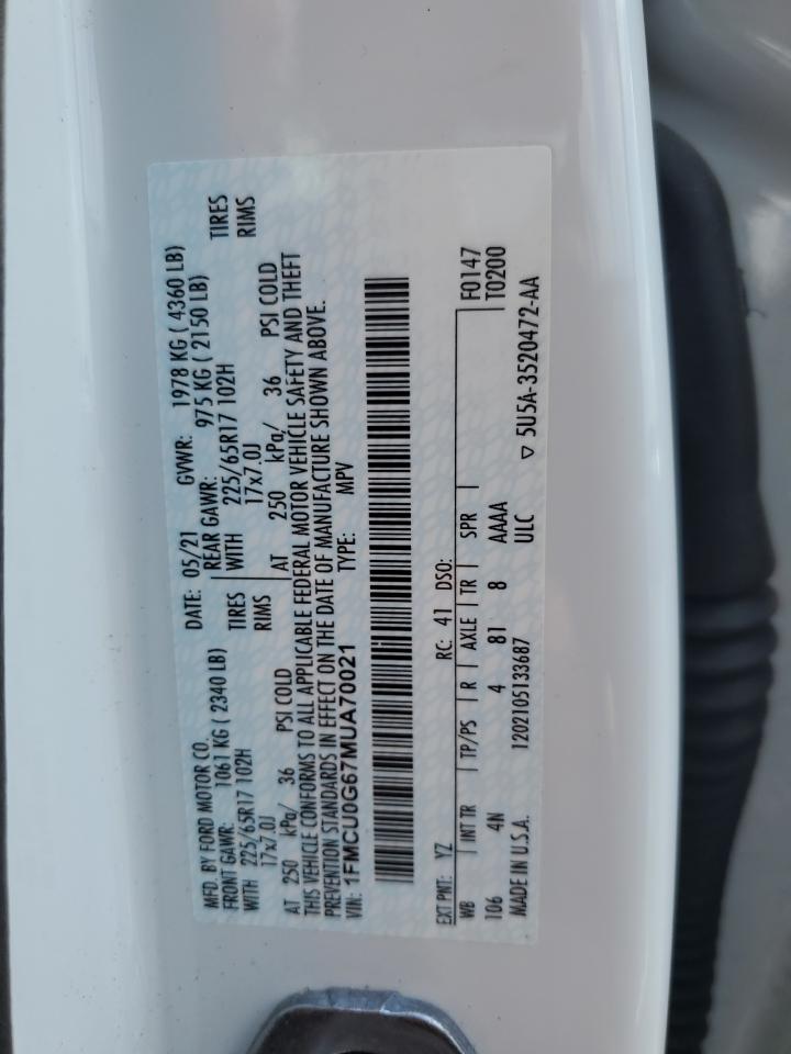 1FMCU0G67MUA70021 FORD ESCAPE 2021