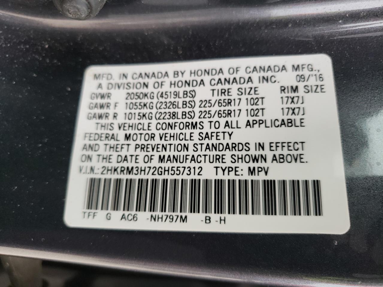 2HKRM3H72GH557312 2016 Honda Cr-V Exl