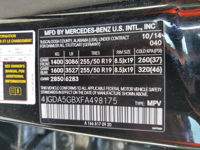 VIN 4JGDA5GBXFA498175 2015 Mercedes-Benz ML-Class, ... no.14