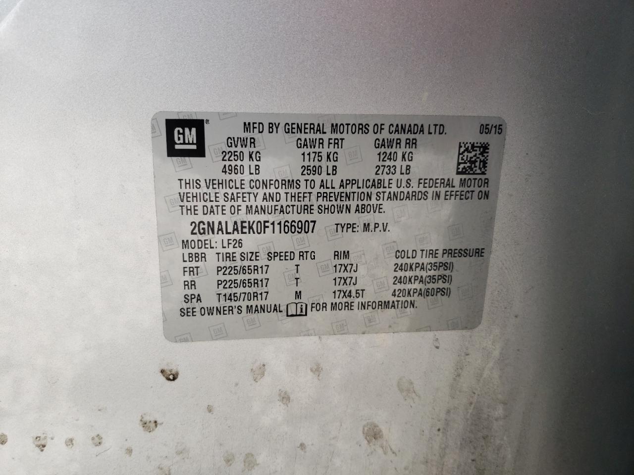 2GNALAEK0F1166907 2015 Chevrolet Equinox Ls