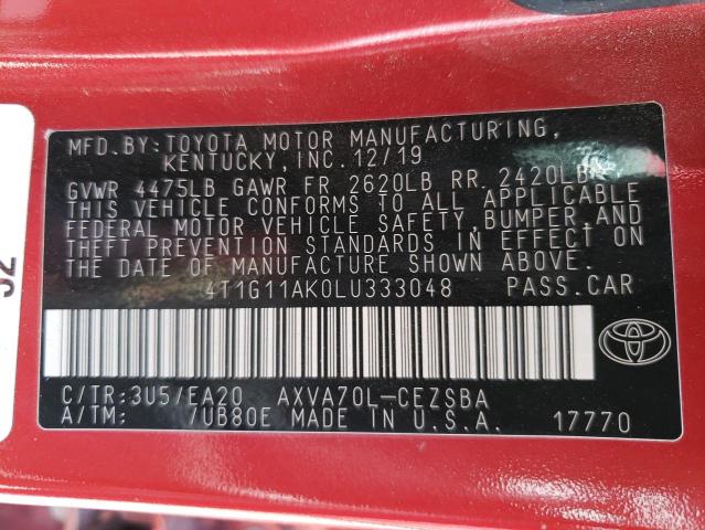 VIN 4T1G11AK0LU333048 2020 Toyota Camry, SE no.12