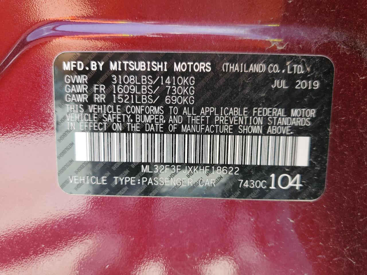 ML32F3FJXKHF18622 2019 Mitsubishi Mirage G4 Es