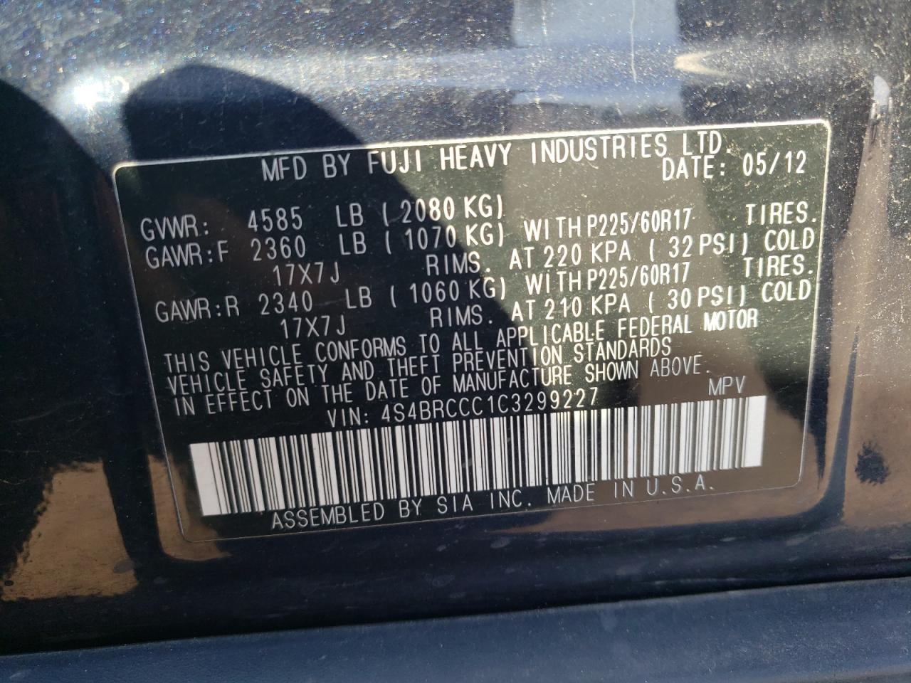 4S4BRCCC1C3299227 2012 Subaru Outback 2.5I Premium