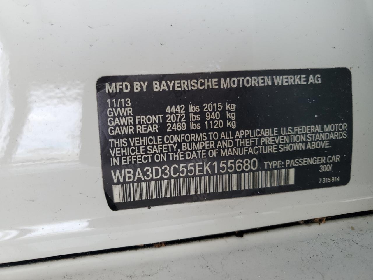 WBA3D3C55EK155680 2014 BMW 328 D