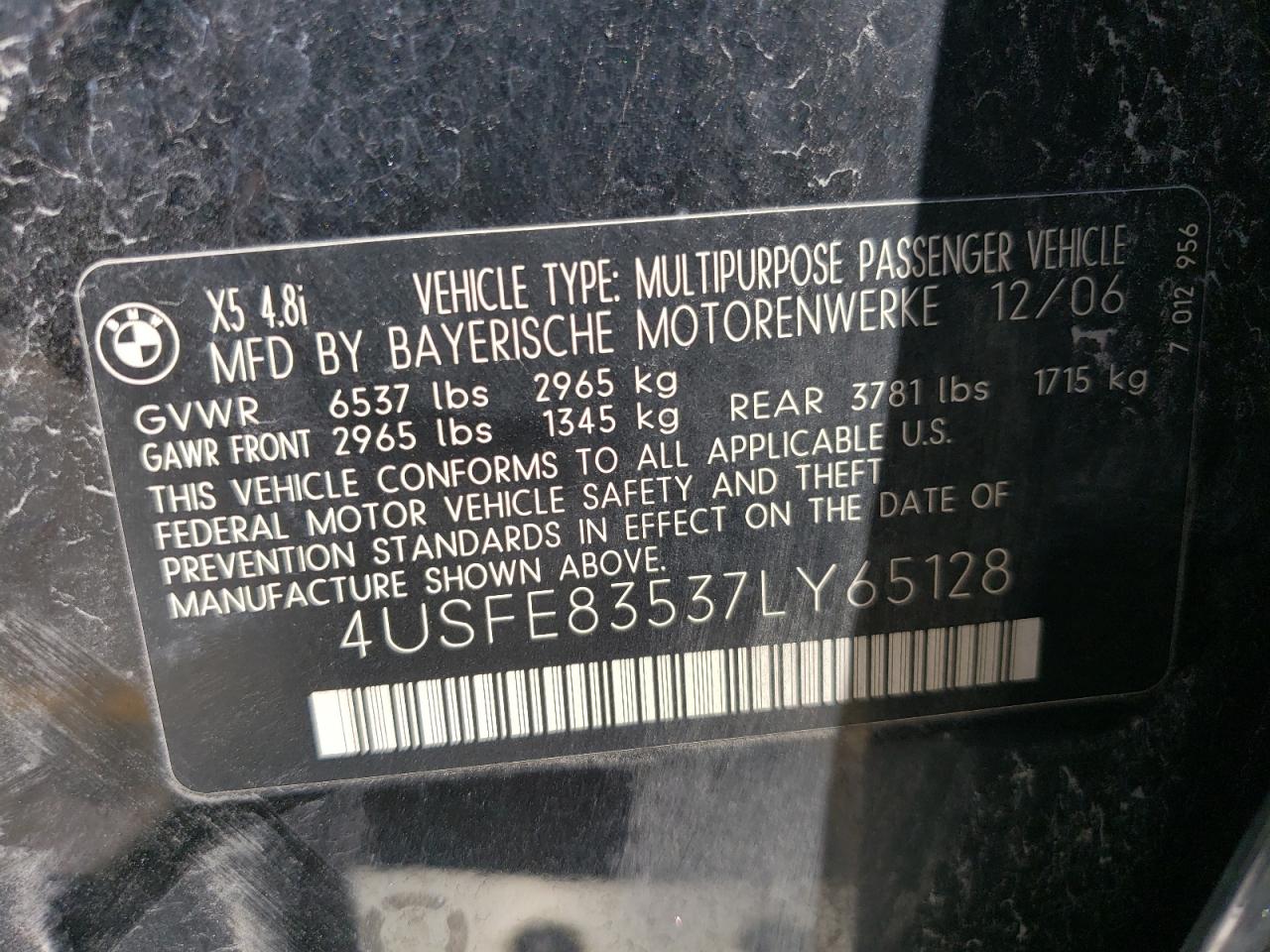 4USFE83537LY65128 2007 BMW X5 4.8I